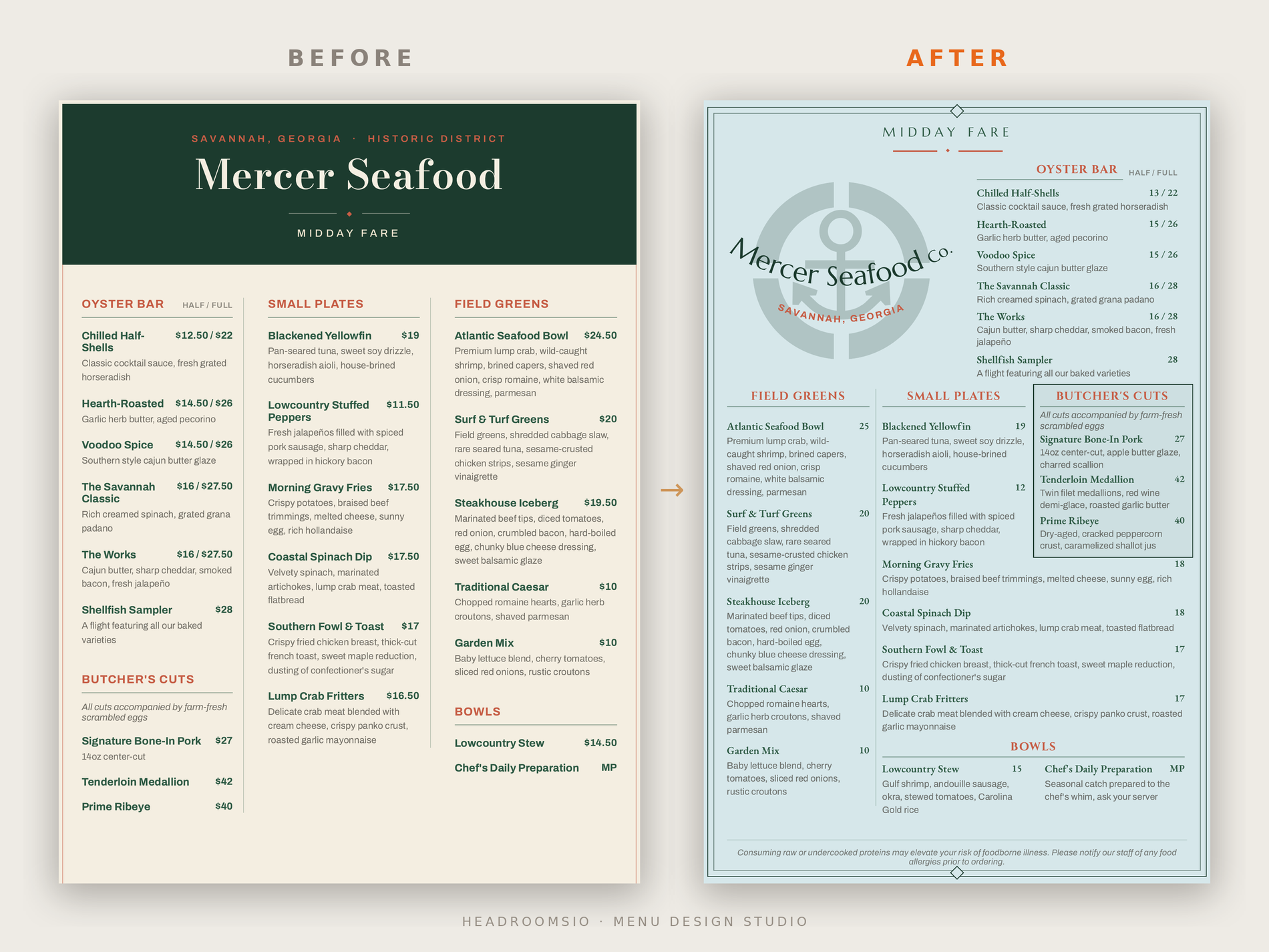 Mercer Seafood Co. restaurant menu, before and after a menu-engineering redesign
