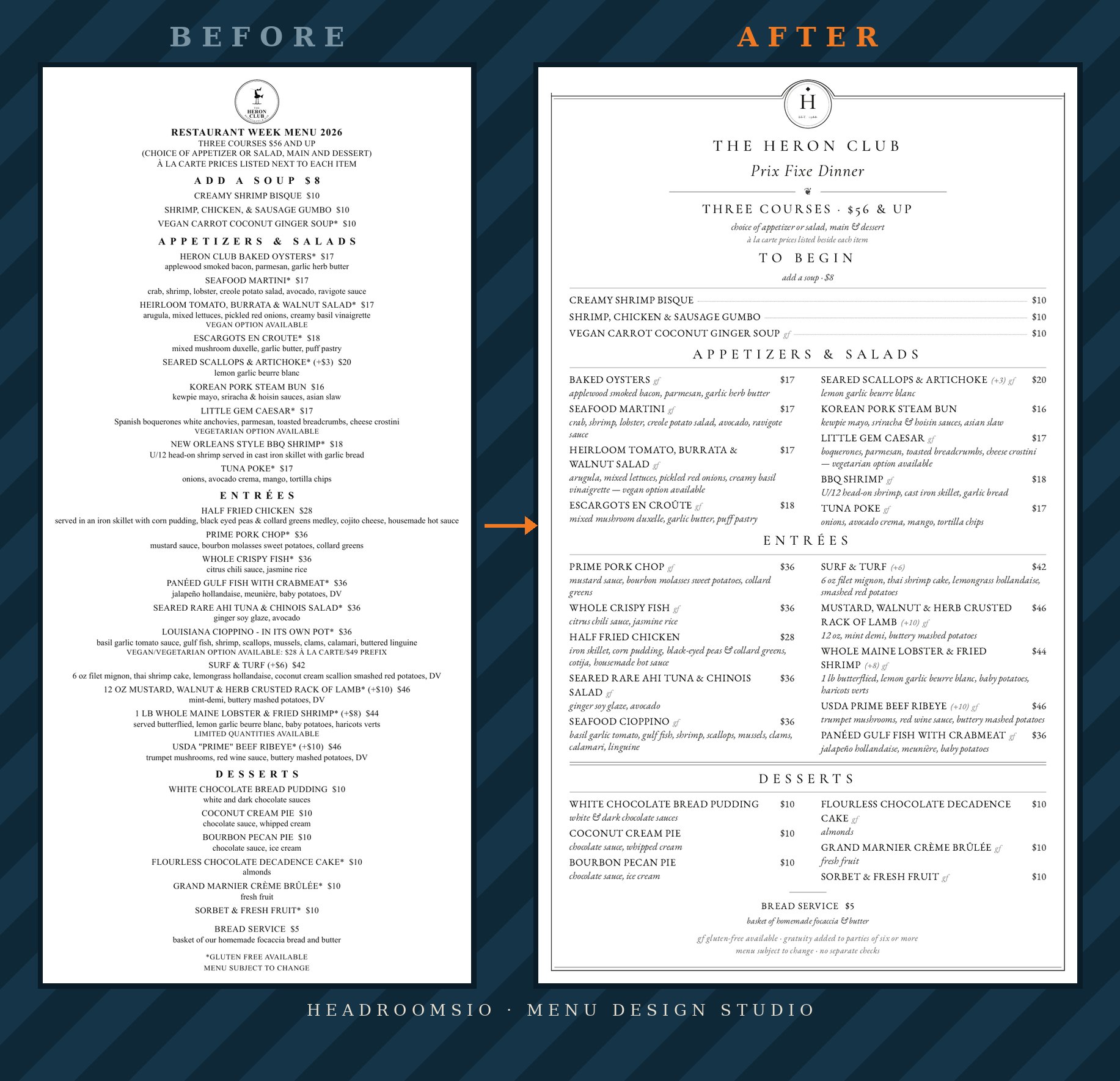 The Heron Club prix-fixe menu, before and after a legibility redesign